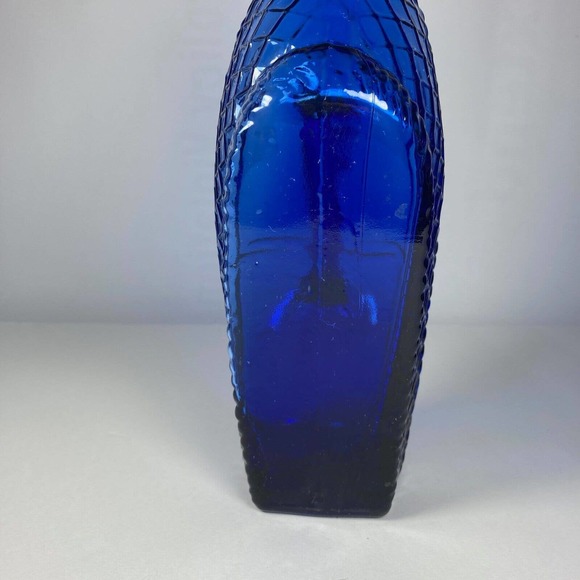 Vintage Cobalt Blue Embossed Wine Bottle | Quilted Lattice Wicker Basket, Handle - Picture 3 of 10